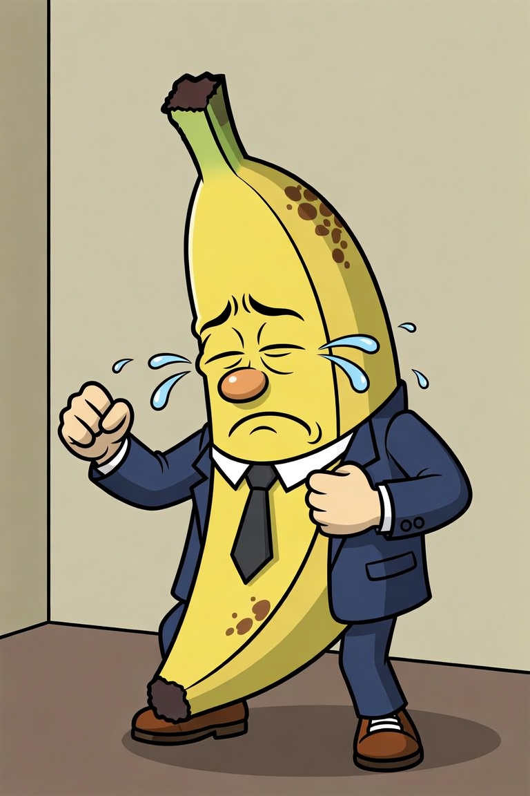 The Crying Banana sobbing in a corner office
