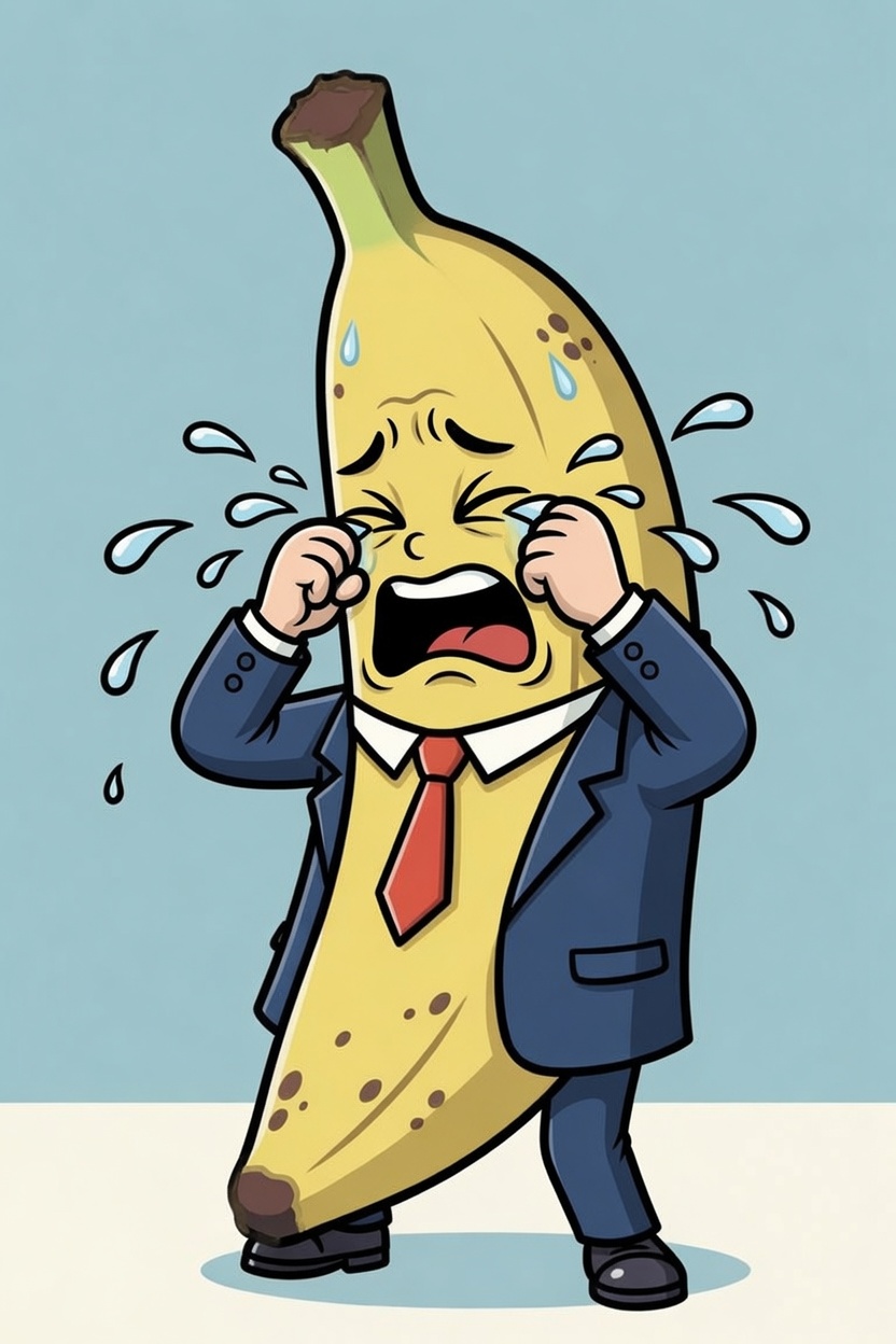 The Crying Banana — a banana in a navy suit, sobbing
